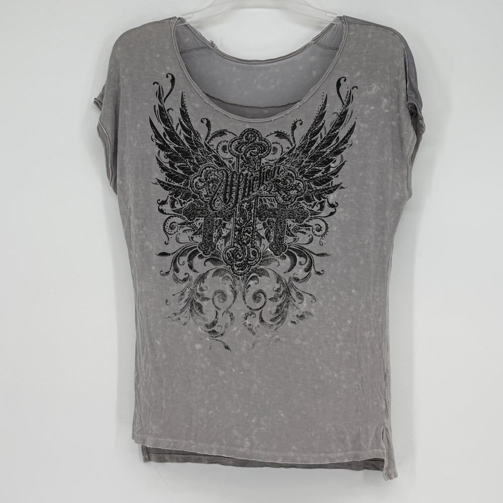 Vintage Affliction‎ Medium Gray Acid Wash Winged Cross Mesh Graphic Shirt Y2K